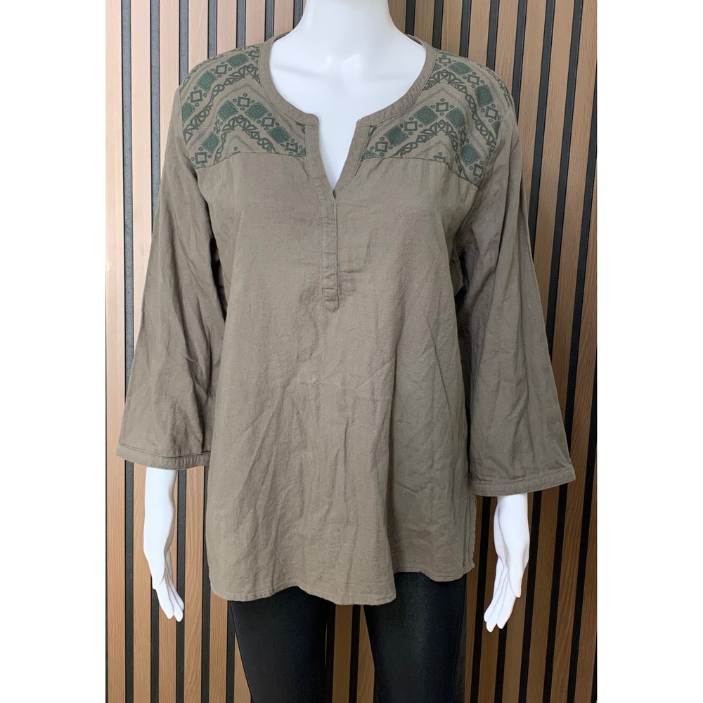 Kuhl Women's XL Organic Cotton Embroidered Button Back Tunic Top Brown Outdoor